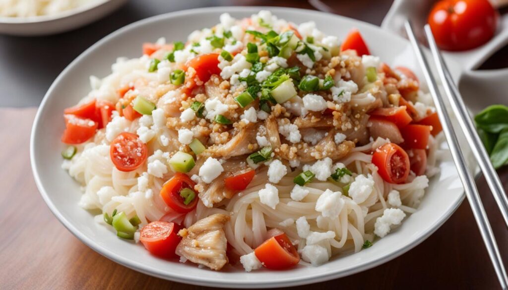 Shirataki noodles with chicken, feta & tomato