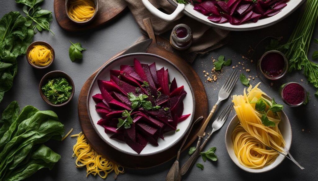 roasted beets and greens with gluten-free pasta